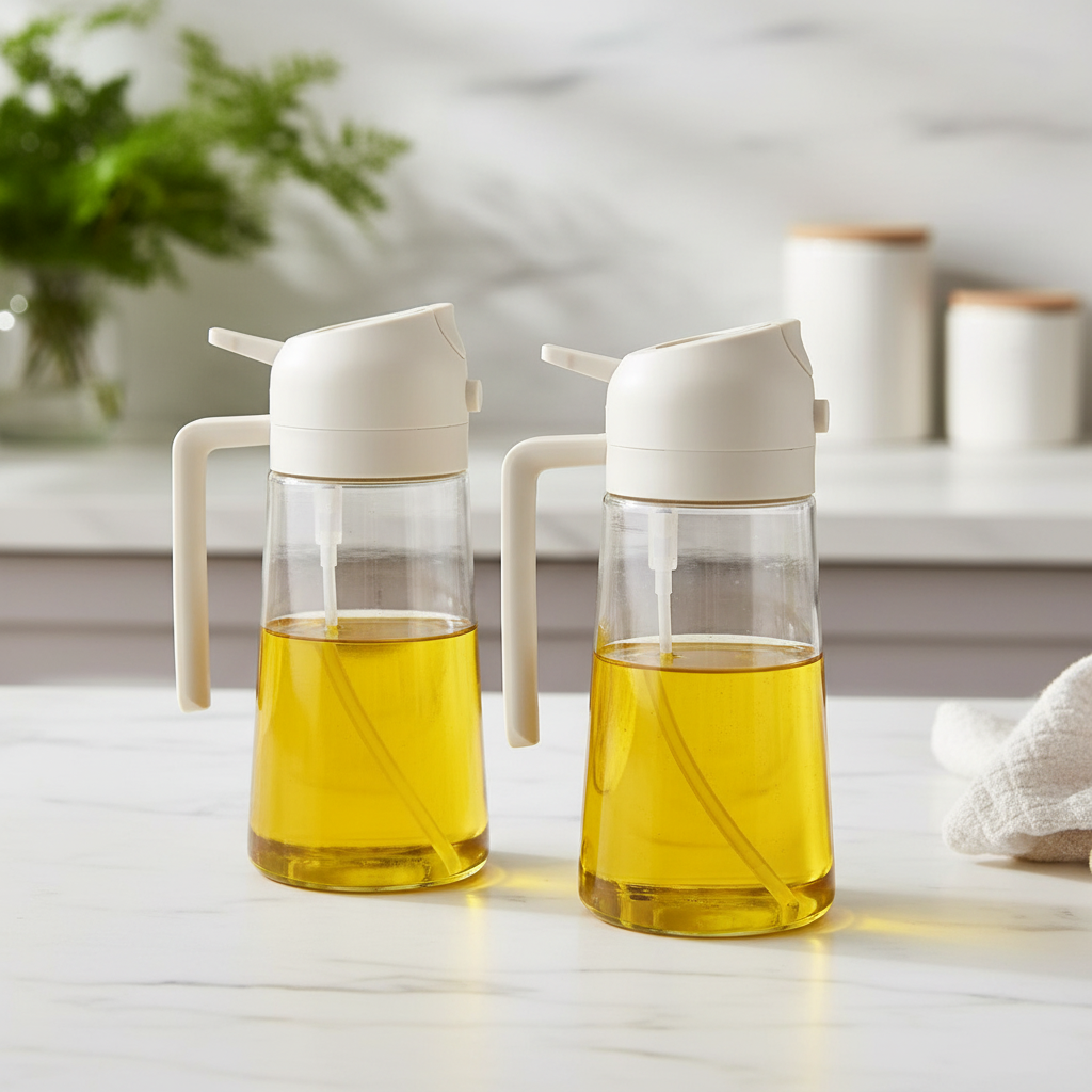 Białe butelki na oliwę w kuchni