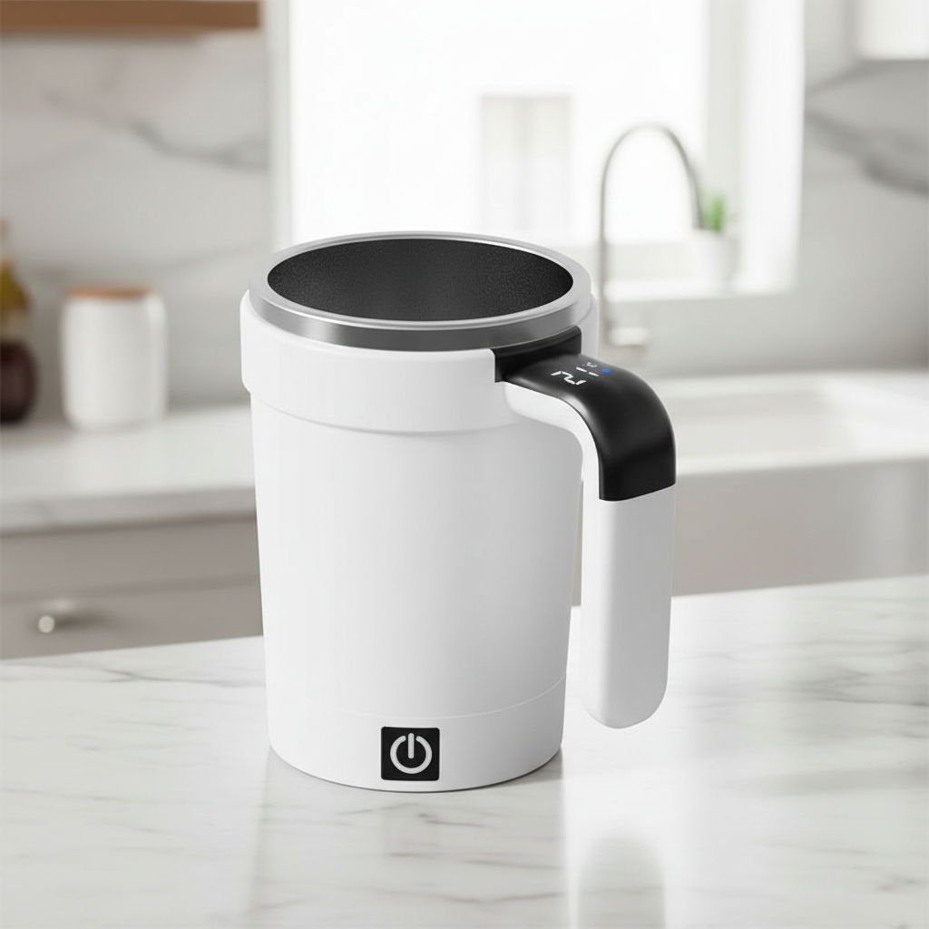 Biały kubek termiczny z automatycznym mieszaniem