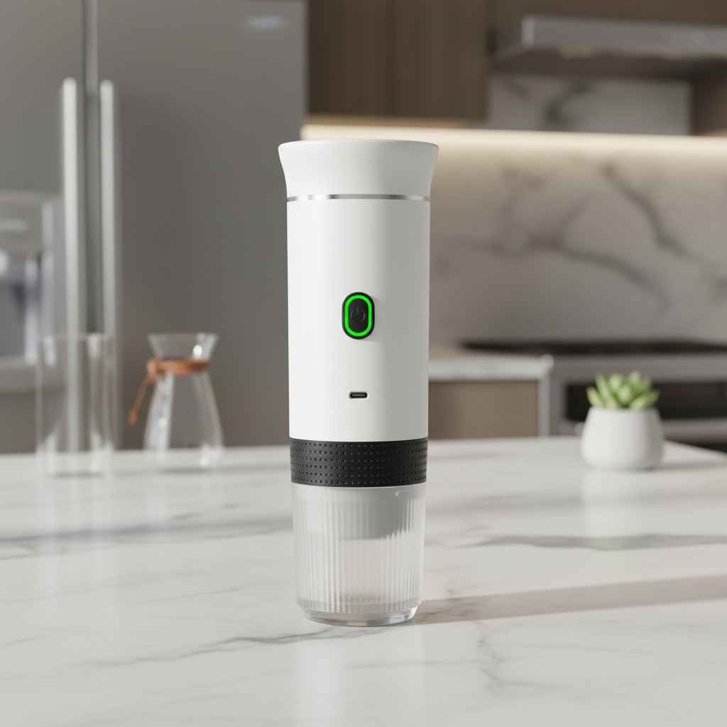 Biały przenośny ekspres do kawy na kuchennym tle