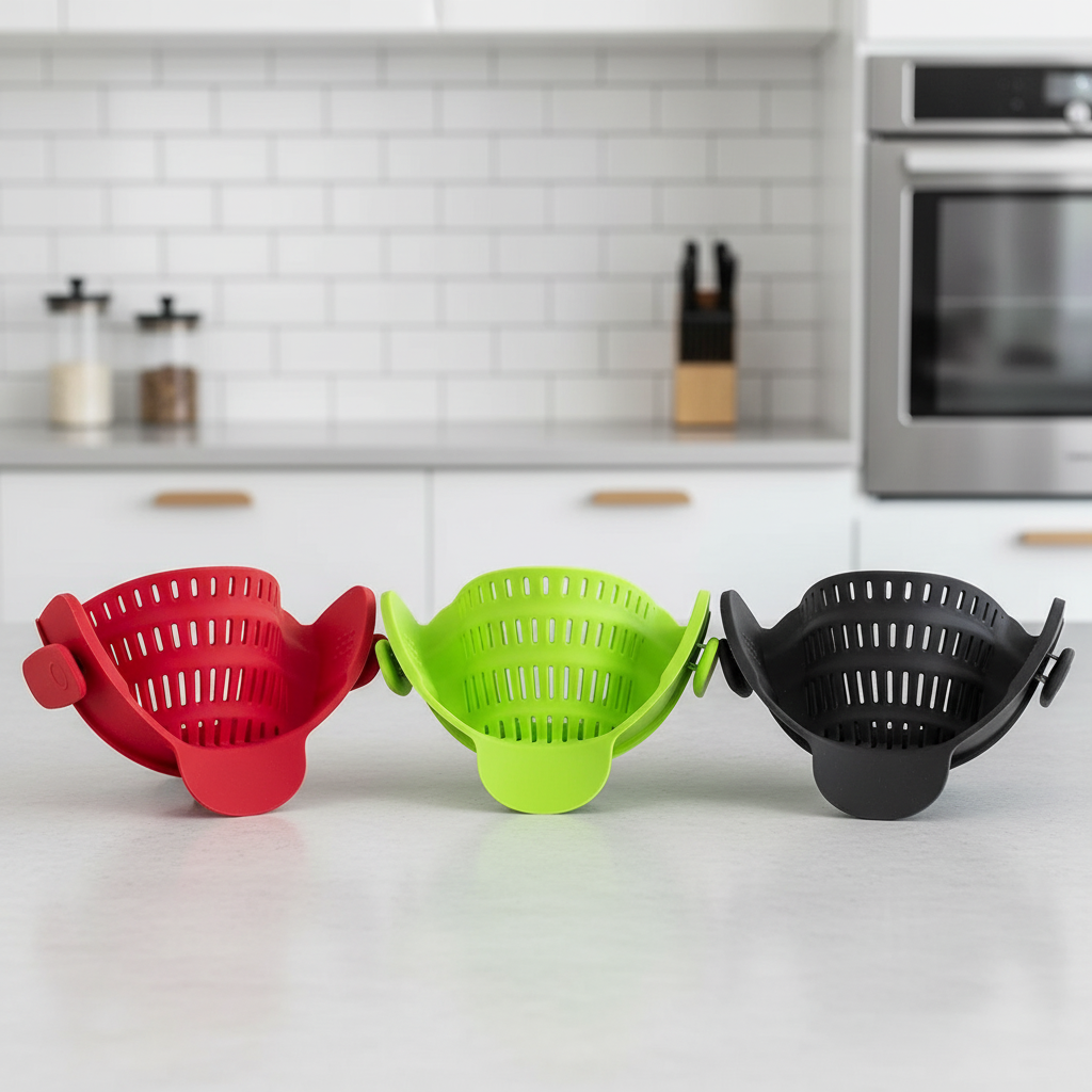 Durszlaki w trzech kolorach na kuchennym tle