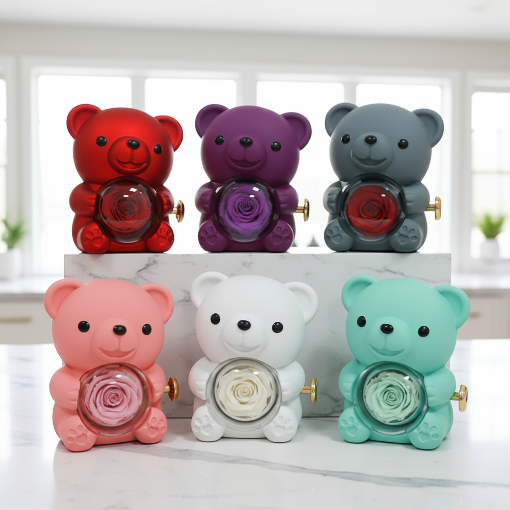 Kolorowe misie z różami na kuchennym tle