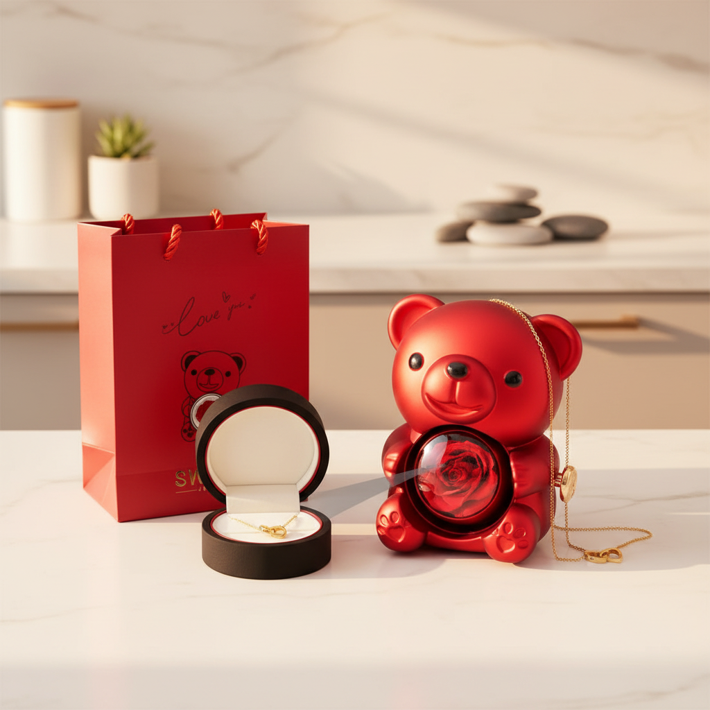 Miś z naszyjnikiem na kuchennym tle