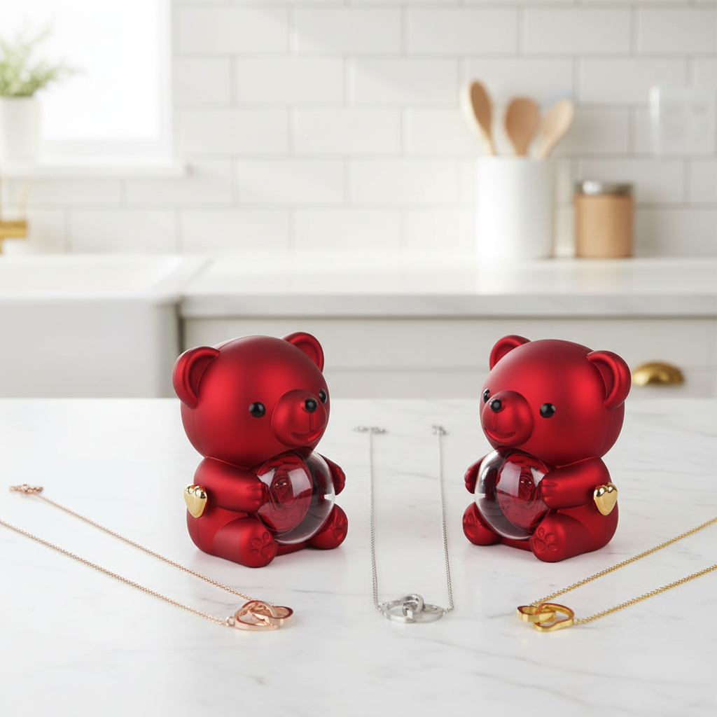 Misie z biżuterią na kuchennym tle