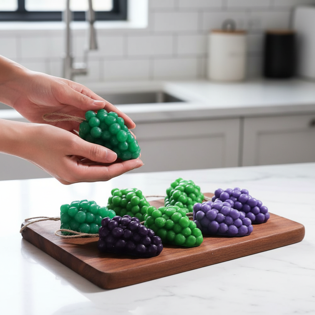 Mydła winogronowe trzymane w dłoniach