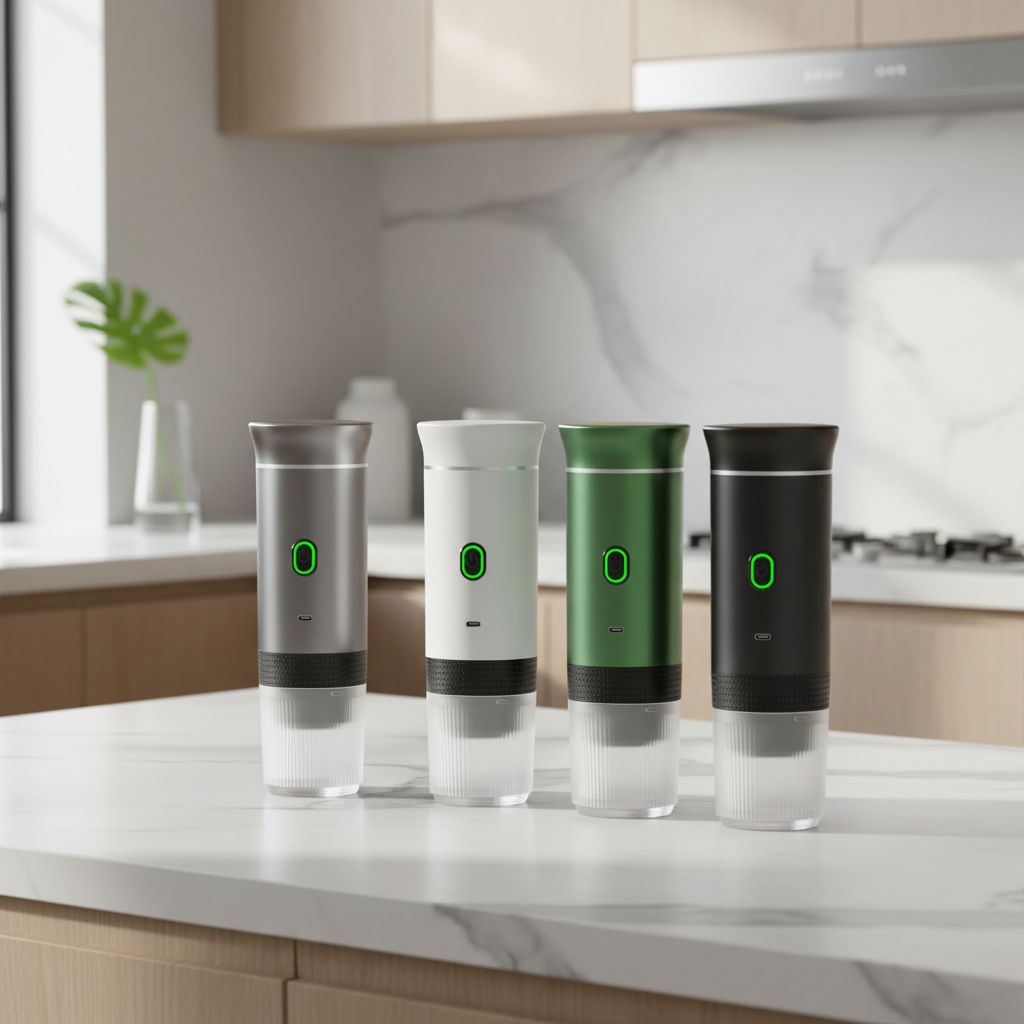 Przenośne ekspresy do kawy na kuchennym tle - kwadrat