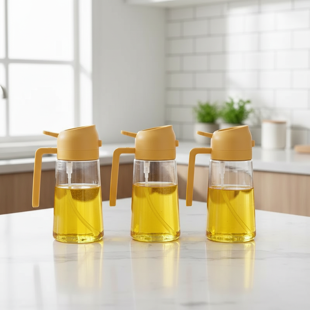 Trzy żółte butelki na olej na kuchennym tle