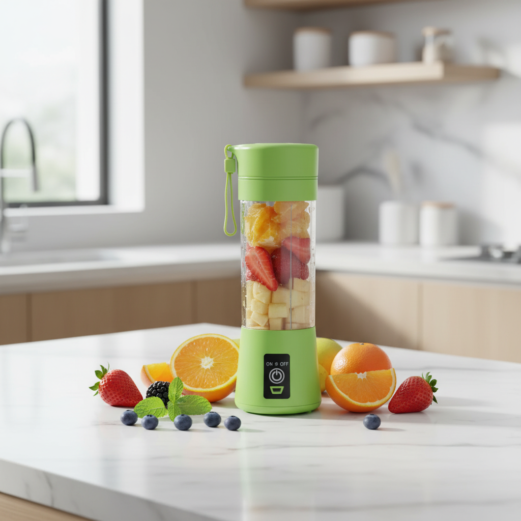 Zielony blender w kuchni z owocami