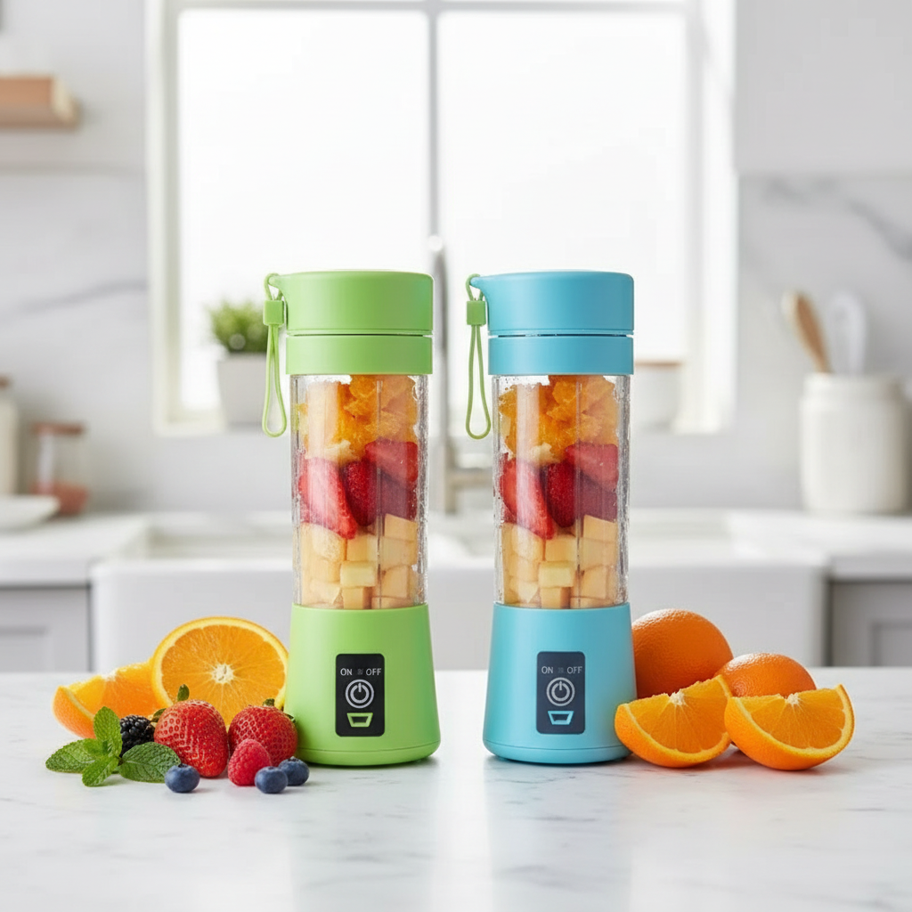 Zielony i niebieski blender w kuchni z owocami