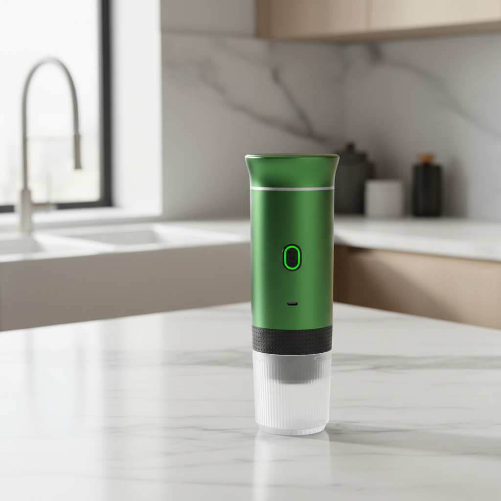 Zielony przenośny ekspres do kawy na kuchennym tle